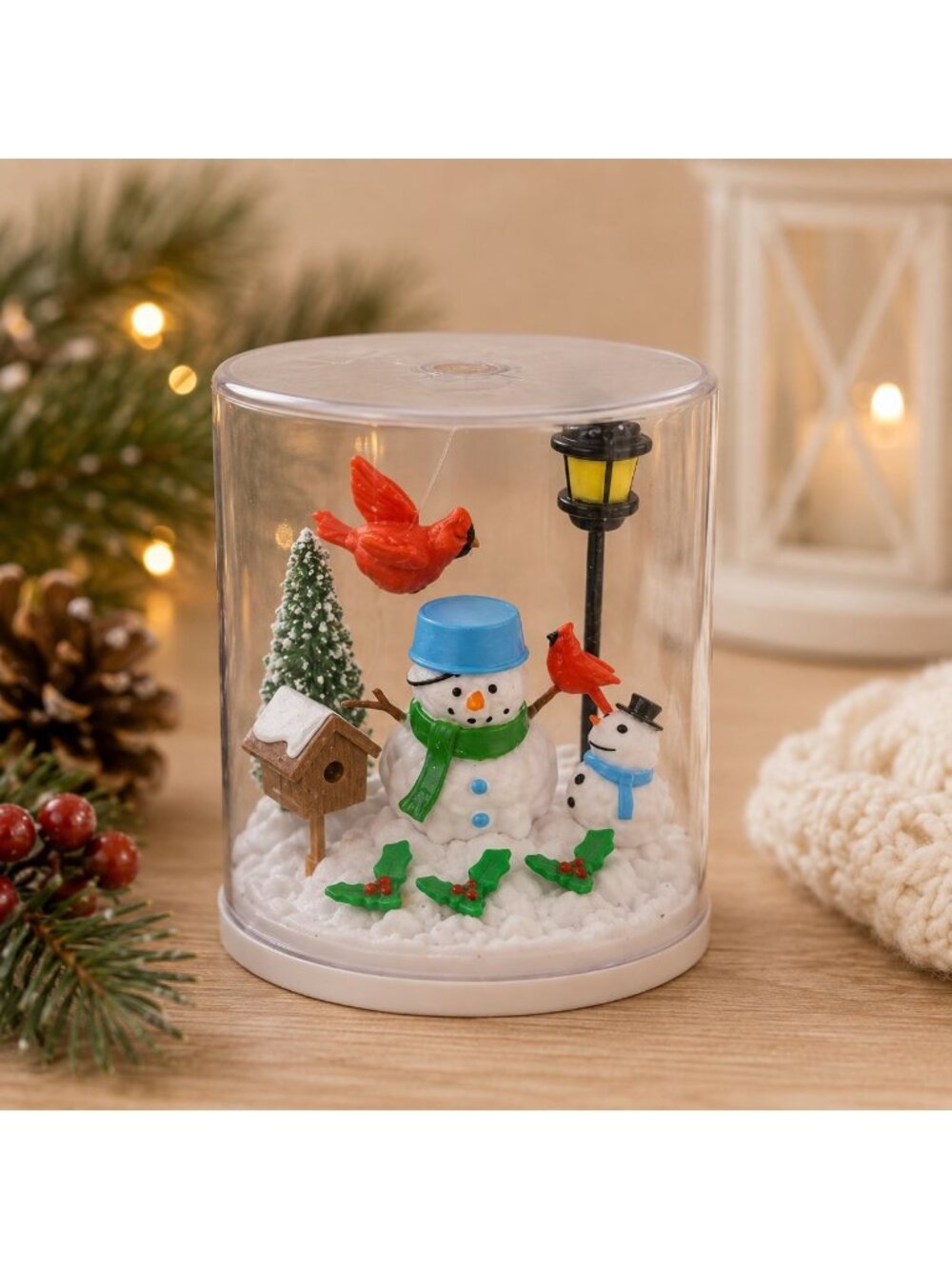 Solar Fluttering Snowman Flying Cardinal Winter Scene